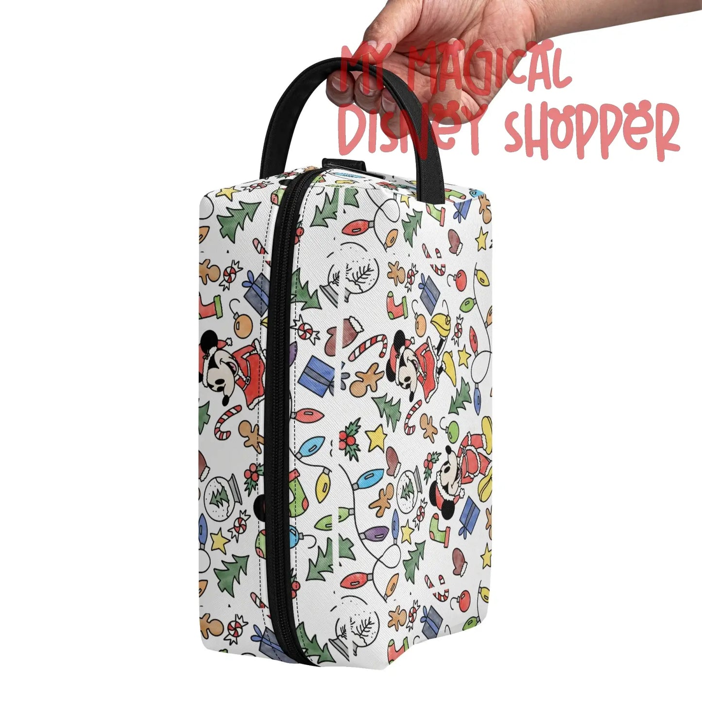 Very Merry Christmas Party Mouse Travel PU Leather Toiletry and Makeup Cometic Organizer Bag