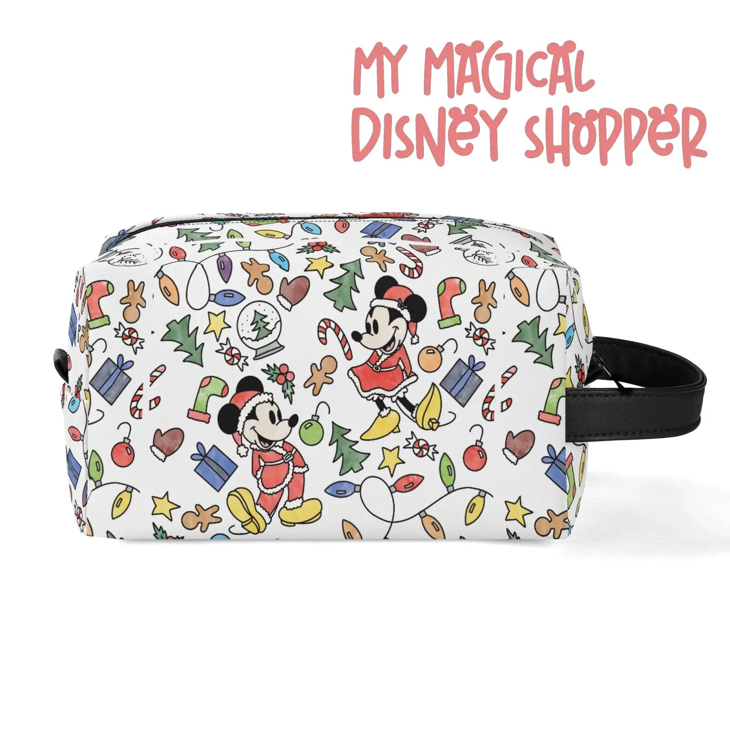 Very Merry Christmas Party Mouse Travel PU Leather Toiletry and Makeup Cometic Organizer Bag