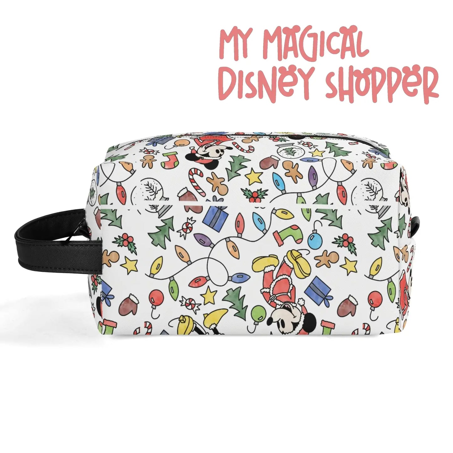 Very Merry Christmas Party Mouse Travel PU Leather Toiletry and Makeup Cometic Organizer Bag