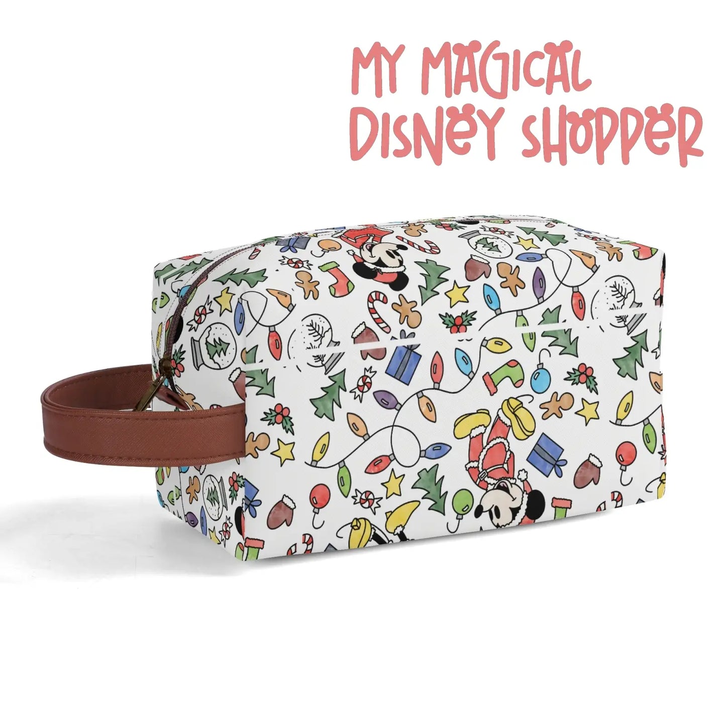 Very Merry Christmas Party Mouse Travel PU Leather Toiletry and Makeup Cometic Organizer Bag
