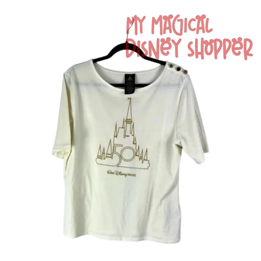 Cream Walt Disney World Gold Embroidered 50th Anniversary Button-Shoulder Shirt