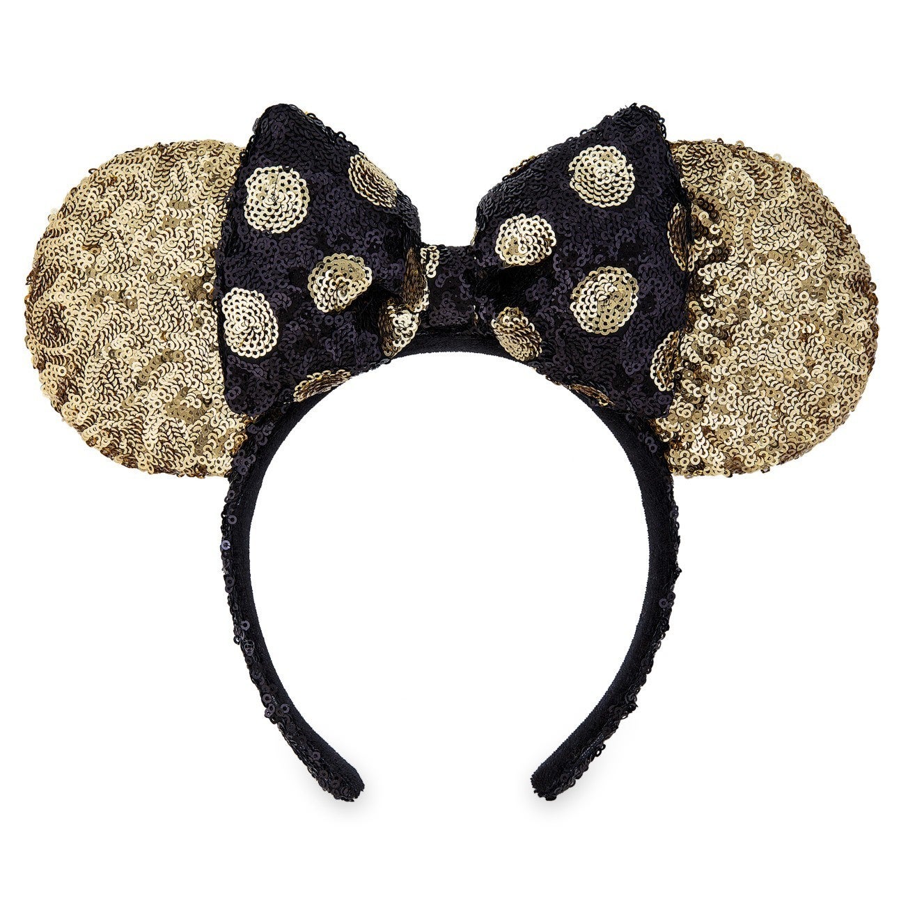 Black and Gold Minnie Mouse Sequined Ear Headband with Bow - Gently Used