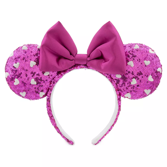 Valentine Minnie Mouse Sequined Ear Headband with Bow - Pink with Hearts